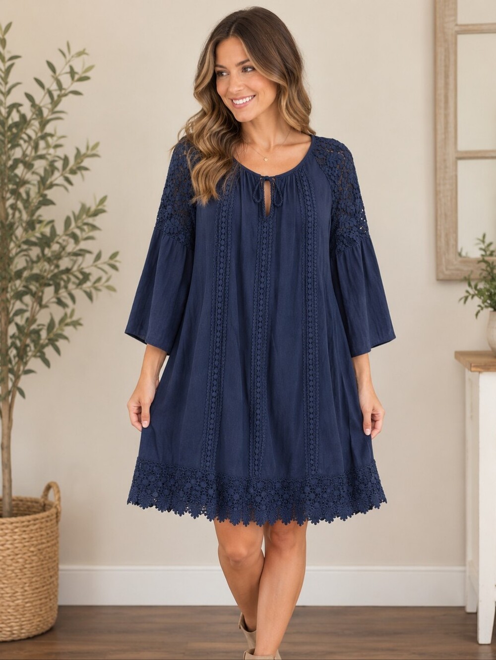Knox Rose Navy Blue Boho Dress with Twisted Front Ties